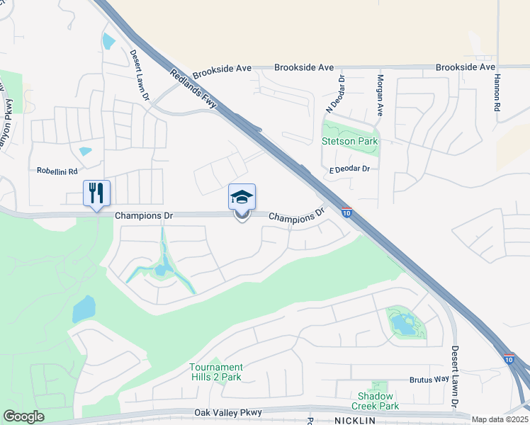 map of restaurants, bars, coffee shops, grocery stores, and more near Champions Drive in Calimesa