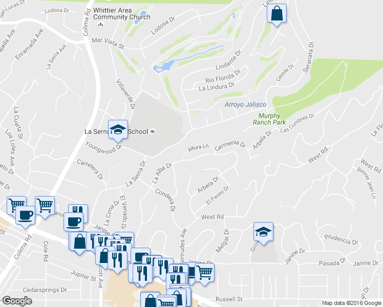map of restaurants, bars, coffee shops, grocery stores, and more near 9161 La Alba Drive in Whittier