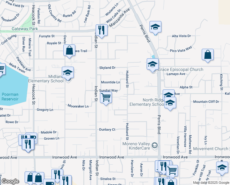 map of restaurants, bars, coffee shops, grocery stores, and more near 24811 Sundial Way in Moreno Valley