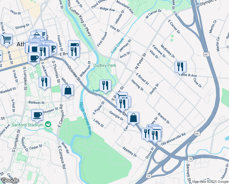 map of restaurants, bars, coffee shops, grocery stores, and more near 267 South Poplar Street in Athens