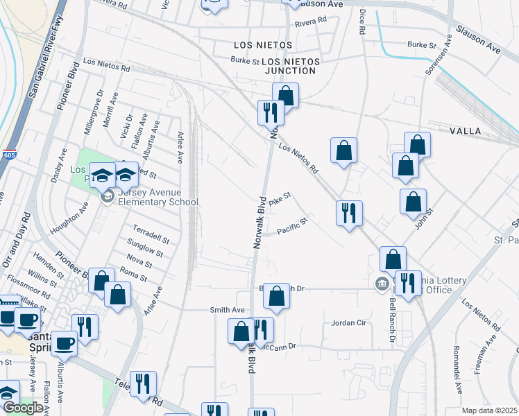 map of restaurants, bars, coffee shops, grocery stores, and more near 9501 Norwalk Boulevard in Santa Fe Springs
