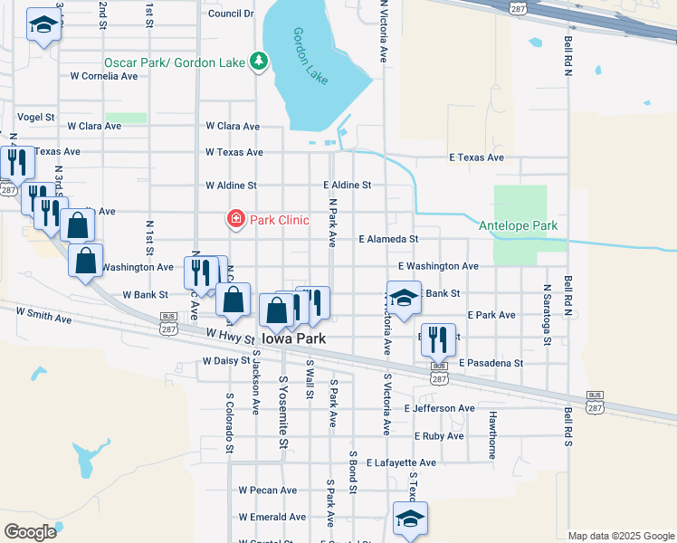 map of restaurants, bars, coffee shops, grocery stores, and more near 107 East Washington Avenue in Iowa Park