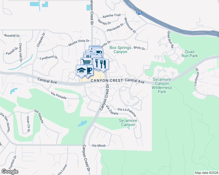 map of restaurants, bars, coffee shops, grocery stores, and more near 891 Vía Mesa Verde in Riverside