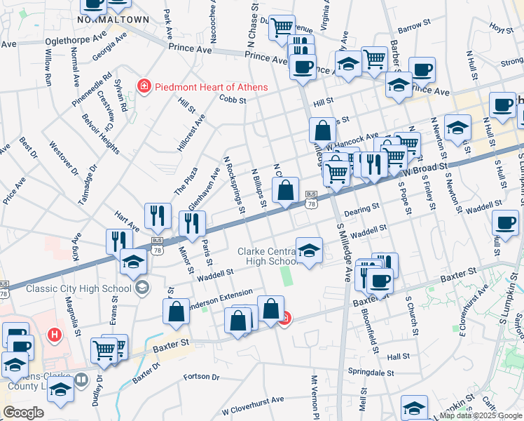 map of restaurants, bars, coffee shops, grocery stores, and more near 1226 West Broad Street in Athens