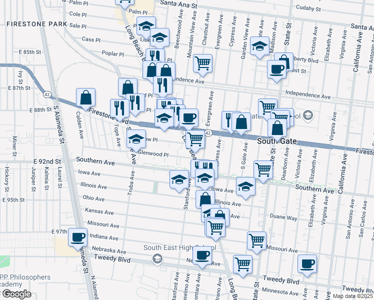 map of restaurants, bars, coffee shops, grocery stores, and more near 9015 Long Beach Boulevard in South Gate