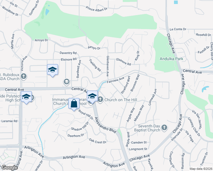 map of restaurants, bars, coffee shops, grocery stores, and more near 5413 Glenhaven Avenue in Riverside