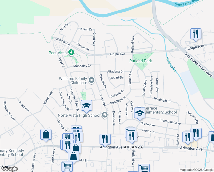 map of restaurants, bars, coffee shops, grocery stores, and more near 6800 Dorinda Drive in Riverside