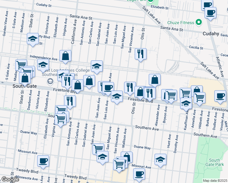 map of restaurants, bars, coffee shops, grocery stores, and more near 8692 San Luis Avenue in South Gate