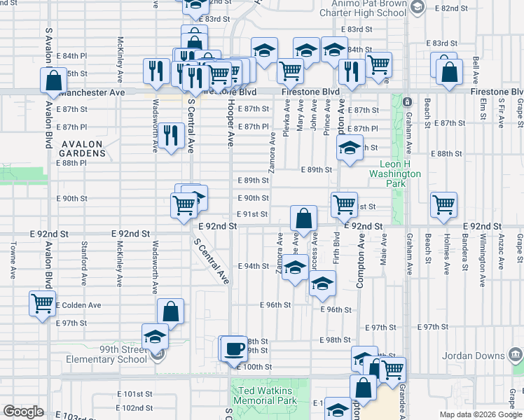 map of restaurants, bars, coffee shops, grocery stores, and more near 1243 East 91st Street in Los Angeles