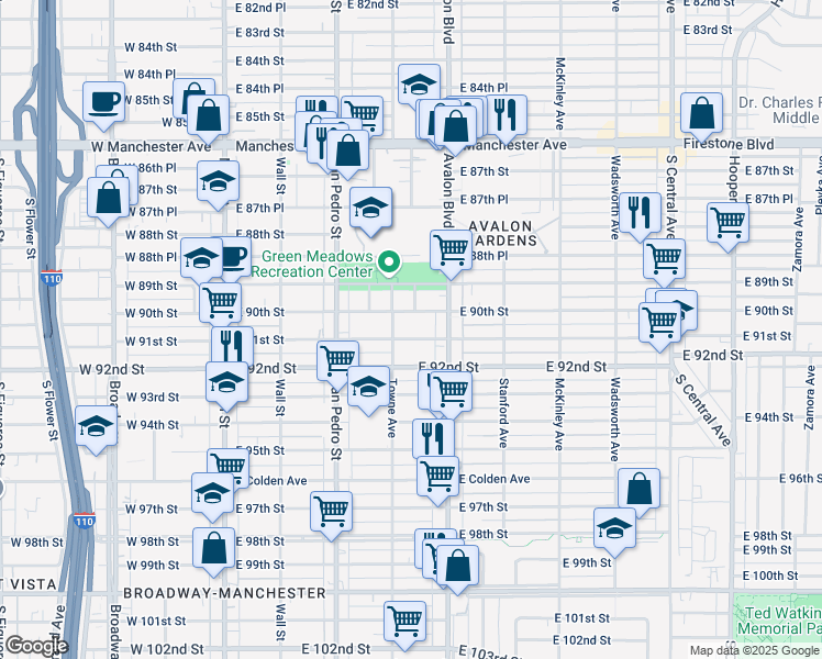map of restaurants, bars, coffee shops, grocery stores, and more near 439 East 91st Street in Los Angeles