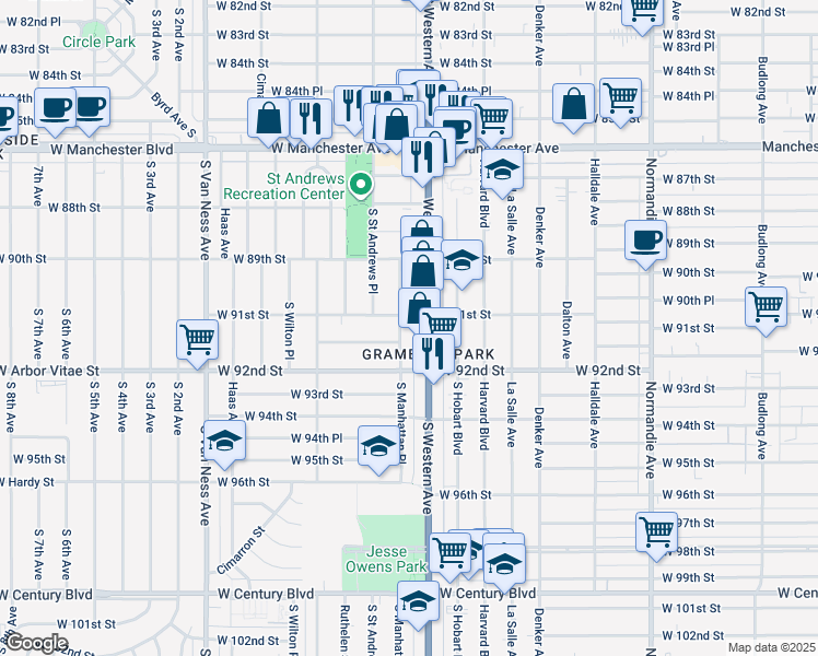 map of restaurants, bars, coffee shops, grocery stores, and more near 9119 South Western Avenue in Los Angeles