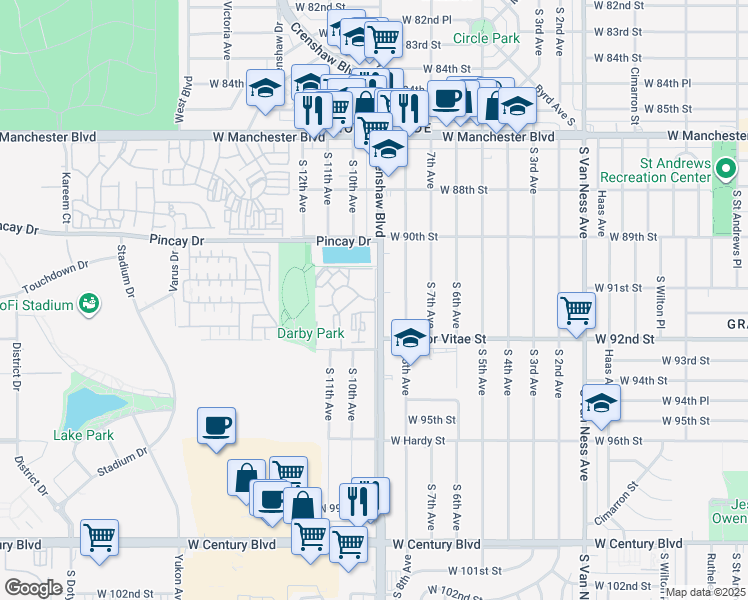 map of restaurants, bars, coffee shops, grocery stores, and more near 3310 Hollypark Drive in Inglewood