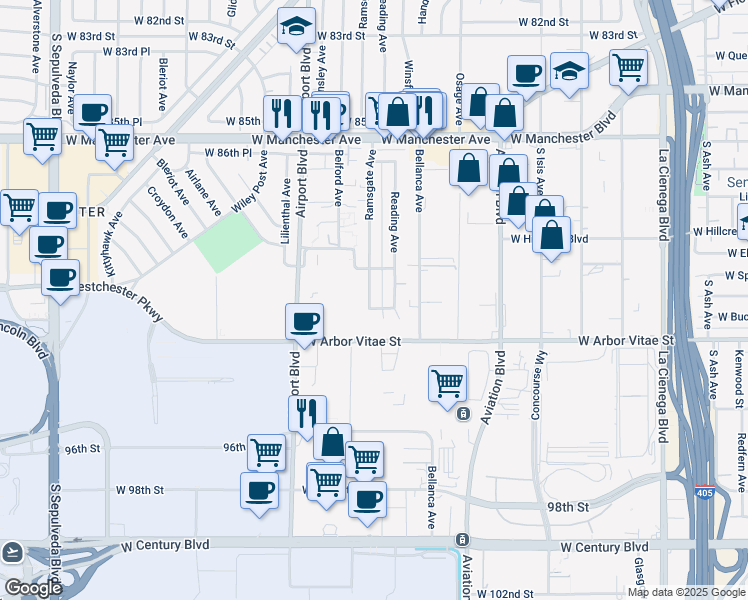 map of restaurants, bars, coffee shops, grocery stores, and more near 9037 Ramsgate Avenue in Los Angeles