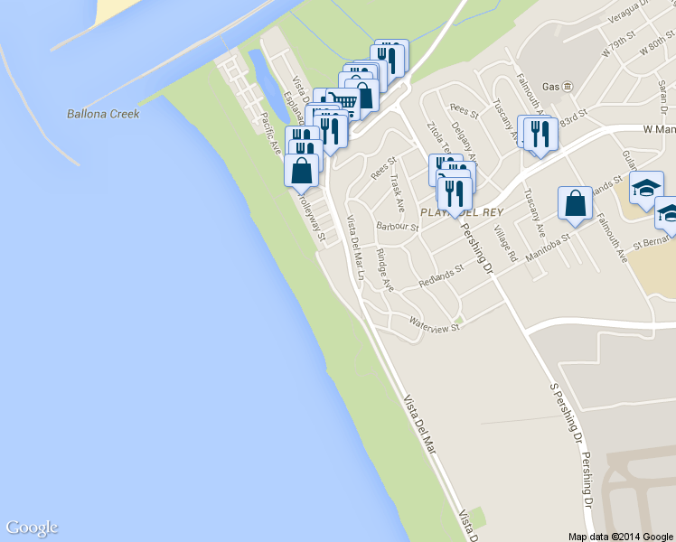 map of restaurants, bars, coffee shops, grocery stores, and more near 7331 Vista Del Mar Lane in Los Angeles