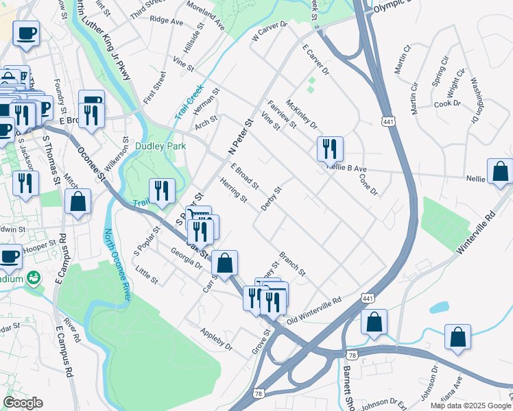 map of restaurants, bars, coffee shops, grocery stores, and more near 185 Herring Street in Athens
