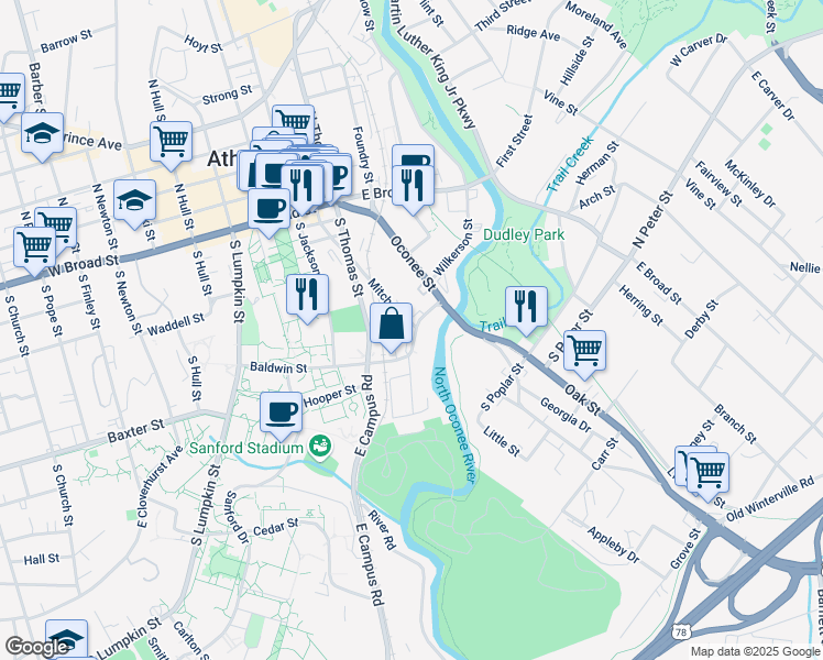 map of restaurants, bars, coffee shops, grocery stores, and more near 220 Williams Street in Athens