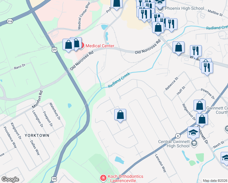 map of restaurants, bars, coffee shops, grocery stores, and more near 351 Helen Court in Lawrenceville