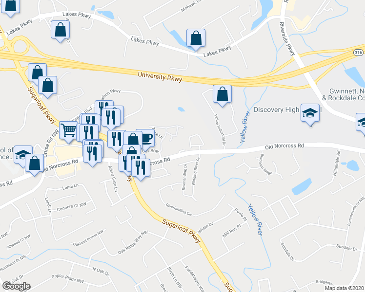 map of restaurants, bars, coffee shops, grocery stores, and more near 1585 Old Norcross Road in Lawrenceville