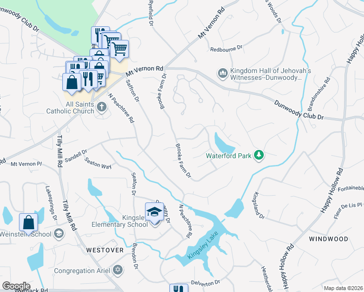 map of restaurants, bars, coffee shops, grocery stores, and more near 5265 Brooke Farm Drive in Dunwoody