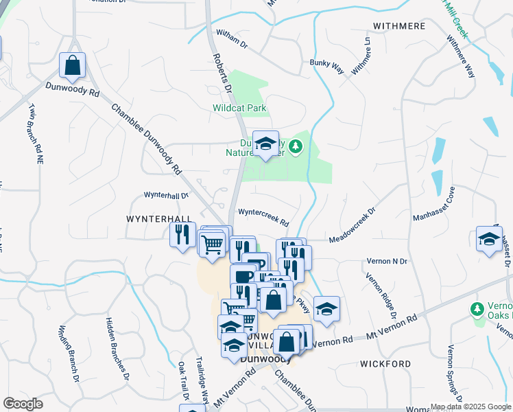 map of restaurants, bars, coffee shops, grocery stores, and more near 1328 Wyntercreek Road in Dunwoody
