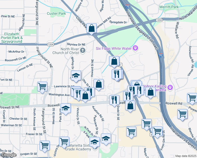 map of restaurants, bars, coffee shops, grocery stores, and more near 245 Fender Walk in Marietta