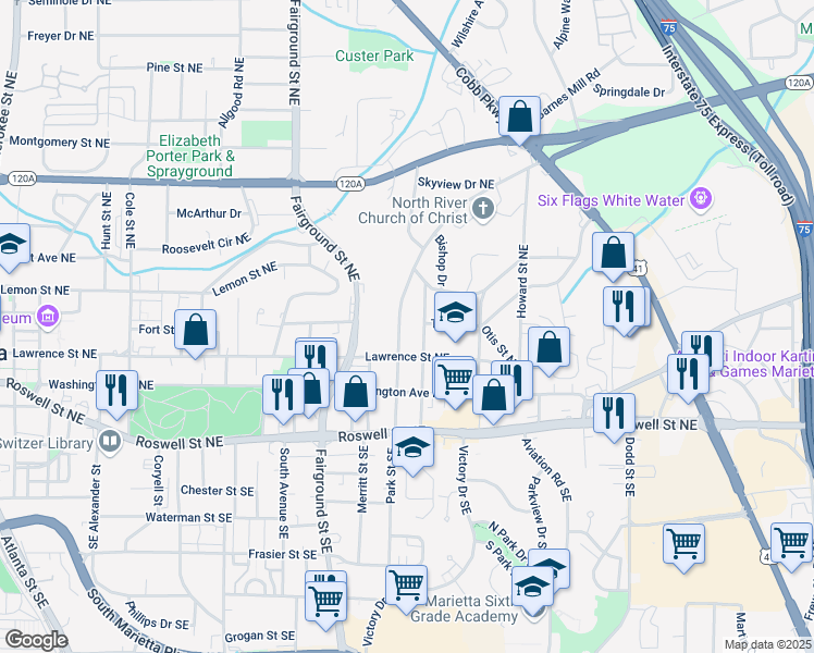 map of restaurants, bars, coffee shops, grocery stores, and more near 122 Austin Avenue Northeast in Marietta