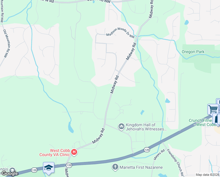 map of restaurants, bars, coffee shops, grocery stores, and more near 126 Midway Road in Marietta