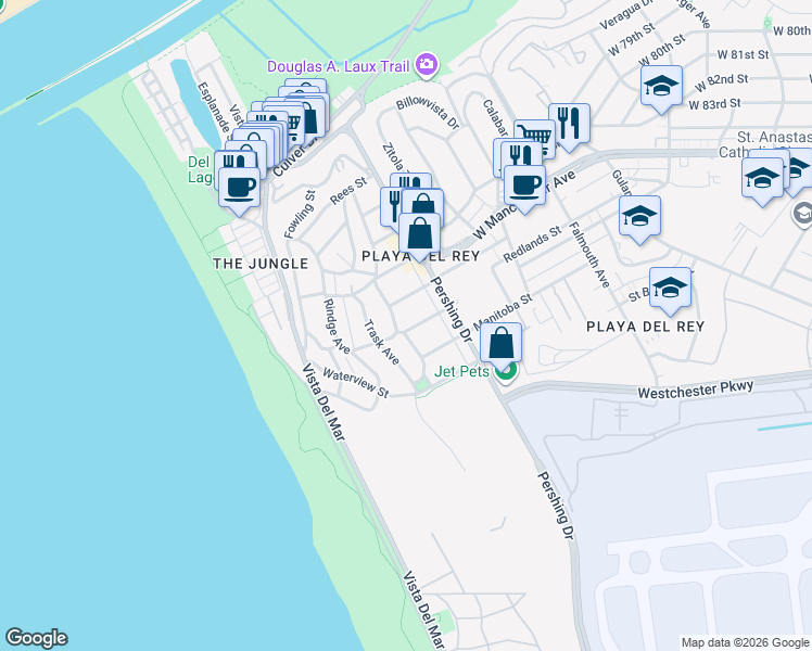 map of restaurants, bars, coffee shops, grocery stores, and more near 401 Redlands Street in Los Angeles