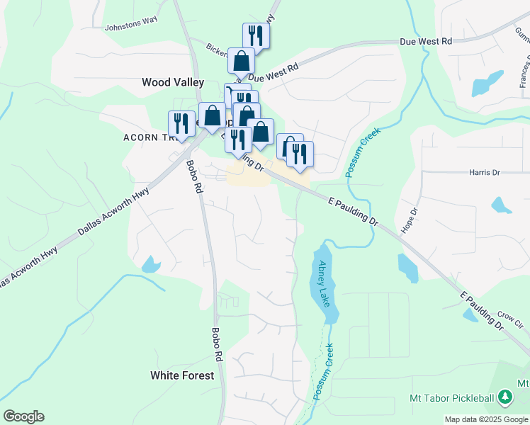 map of restaurants, bars, coffee shops, grocery stores, and more near 104 Acorn Drive in Dallas