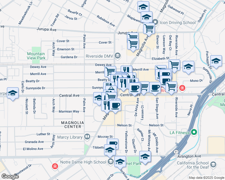 map of restaurants, bars, coffee shops, grocery stores, and more near 4158 Sunnyside Drive in Riverside