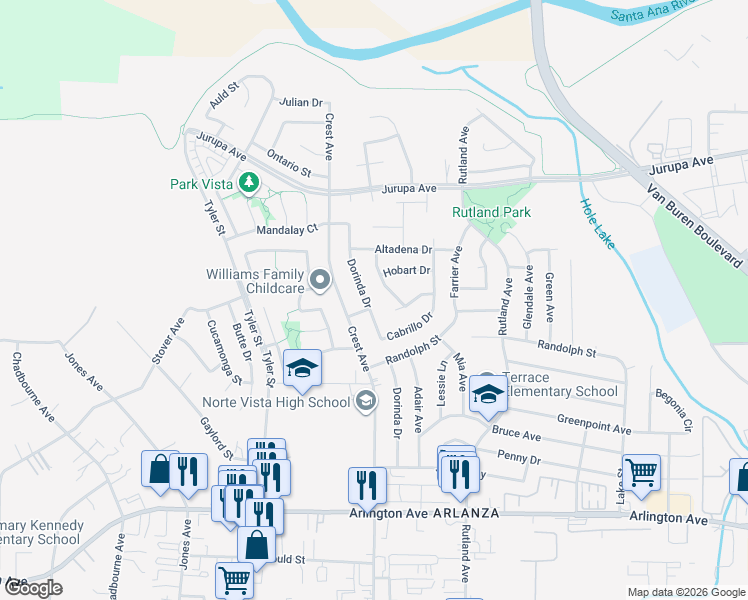 map of restaurants, bars, coffee shops, grocery stores, and more near 6810 Dorinda Drive in Riverside
