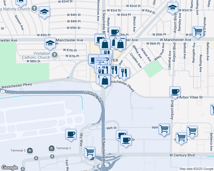 map of restaurants, bars, coffee shops, grocery stores, and more near 9107 Sepulveda Eastway in Los Angeles