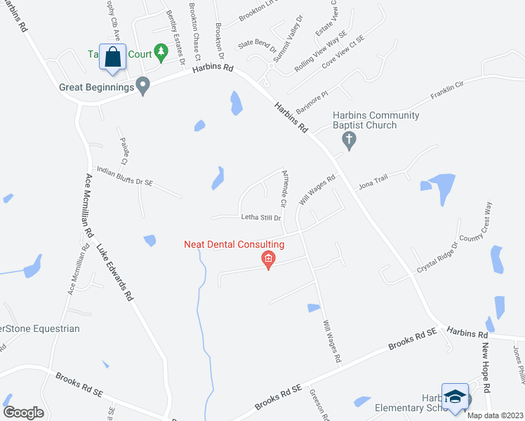 map of restaurants, bars, coffee shops, grocery stores, and more near 2598 Letha Still Drive in Dacula