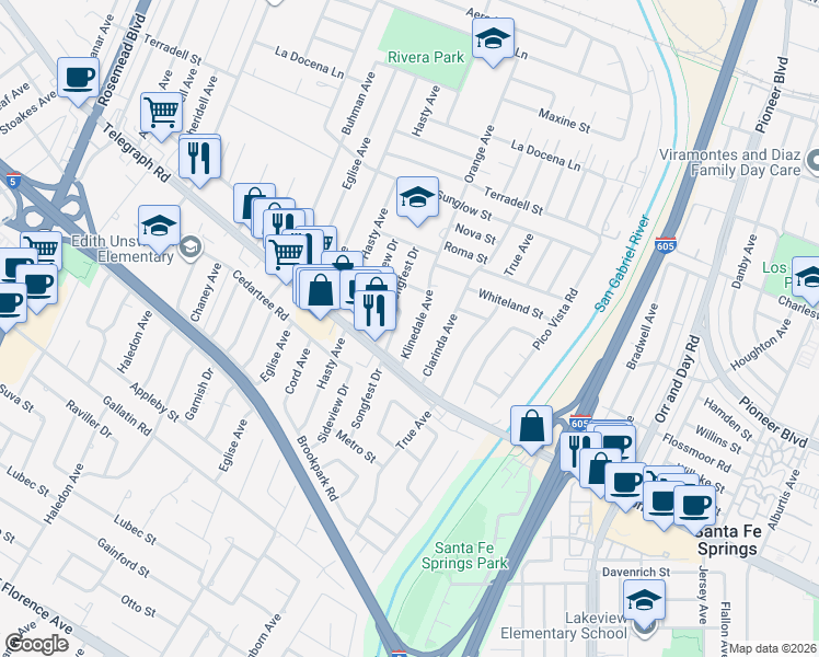 map of restaurants, bars, coffee shops, grocery stores, and more near 8847 Klinedale Avenue in Pico Rivera