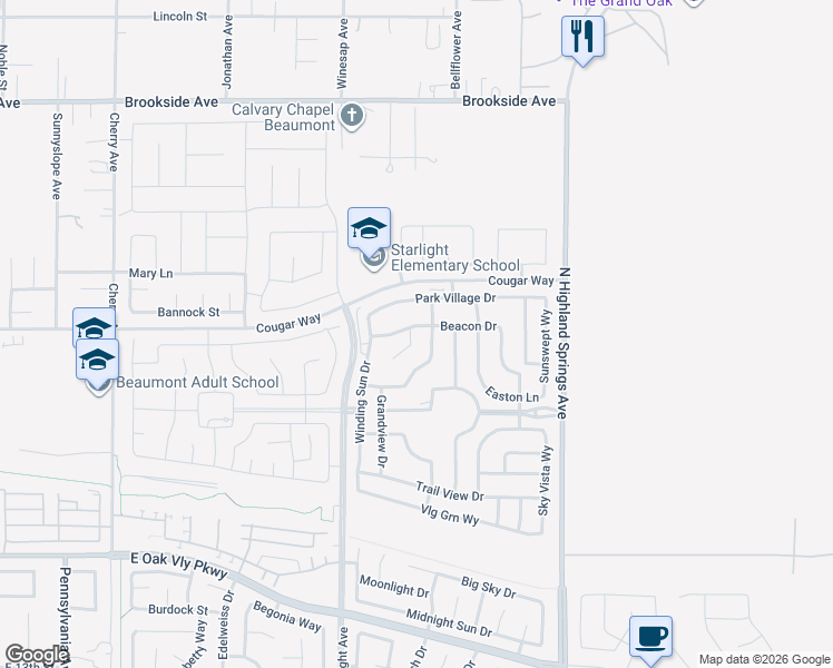 map of restaurants, bars, coffee shops, grocery stores, and more near 1580 Townswood Court in Beaumont