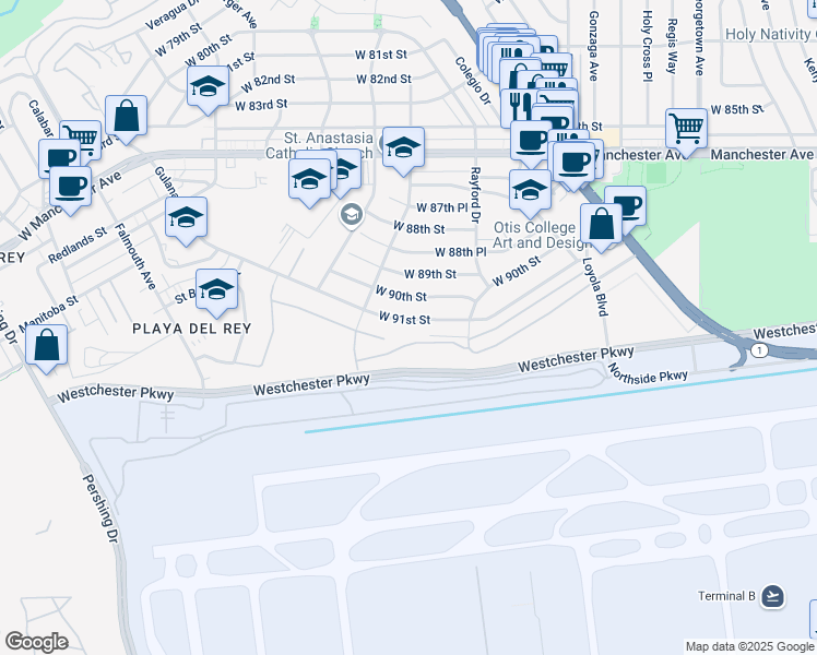 map of restaurants, bars, coffee shops, grocery stores, and more near 7412 West 91st Street in Los Angeles