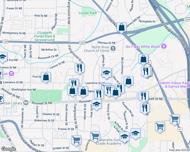 map of restaurants, bars, coffee shops, grocery stores, and more near 122 Austin Avenue Northeast in Marietta