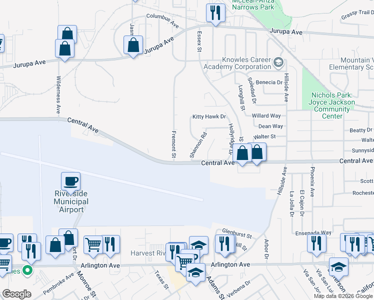 map of restaurants, bars, coffee shops, grocery stores, and more near 6090 Wren Court in Riverside