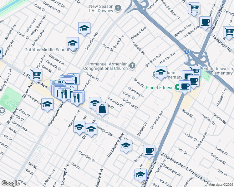 map of restaurants, bars, coffee shops, grocery stores, and more near 8319 Gainford Street in Downey