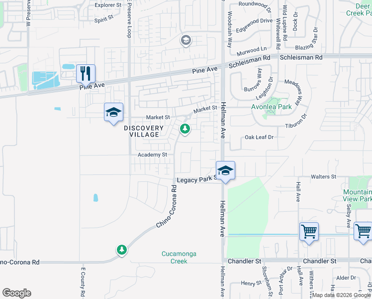 map of restaurants, bars, coffee shops, grocery stores, and more near 8720 Searcher Street in Chino