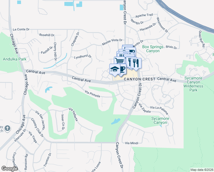 map of restaurants, bars, coffee shops, grocery stores, and more near 1040 Central Avenue in Riverside