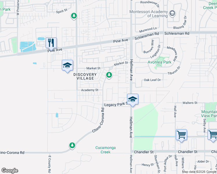 map of restaurants, bars, coffee shops, grocery stores, and more near 8712 Searcher Street in Chino