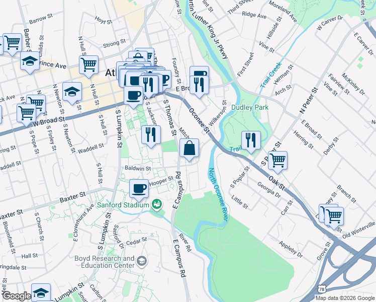 map of restaurants, bars, coffee shops, grocery stores, and more near 475 Baldwin Street in Athens