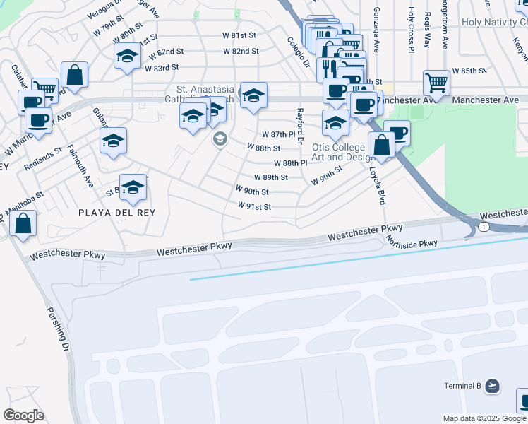 map of restaurants, bars, coffee shops, grocery stores, and more near 7412 West 91st Street in Los Angeles