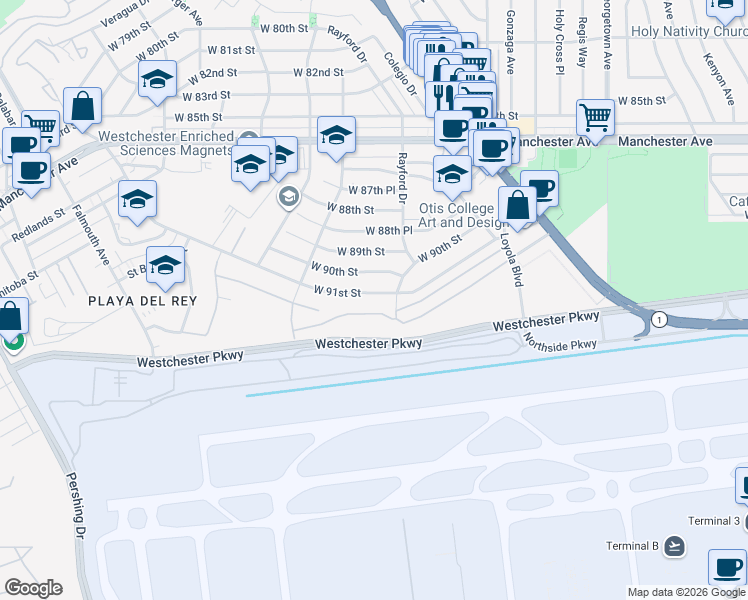 map of restaurants, bars, coffee shops, grocery stores, and more near 7322 West 91st Street in Los Angeles