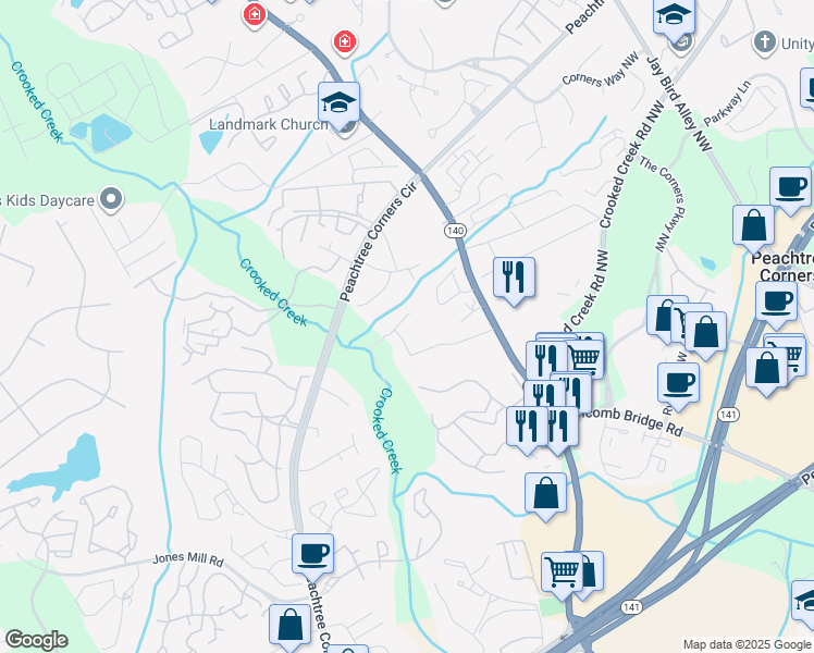 map of restaurants, bars, coffee shops, grocery stores, and more near 6389 Holcomb Way in Norcross