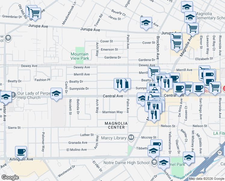 map of restaurants, bars, coffee shops, grocery stores, and more near 4606 Sunnyside Drive in Riverside