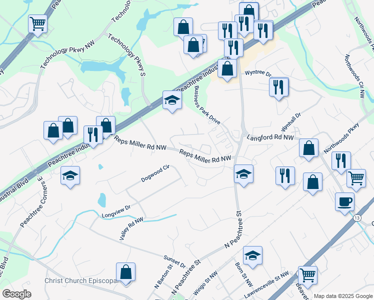 map of restaurants, bars, coffee shops, grocery stores, and more near 5734 Reps Trce in Norcross