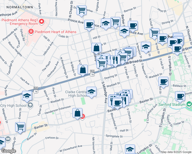 map of restaurants, bars, coffee shops, grocery stores, and more near 150 South Milledge Avenue in Athens