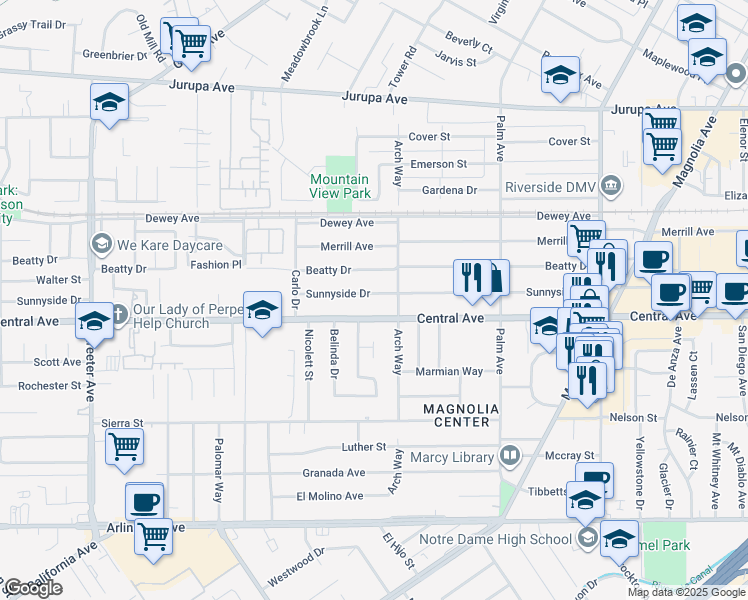 map of restaurants, bars, coffee shops, grocery stores, and more near 4746 Sunnyside Drive in Riverside